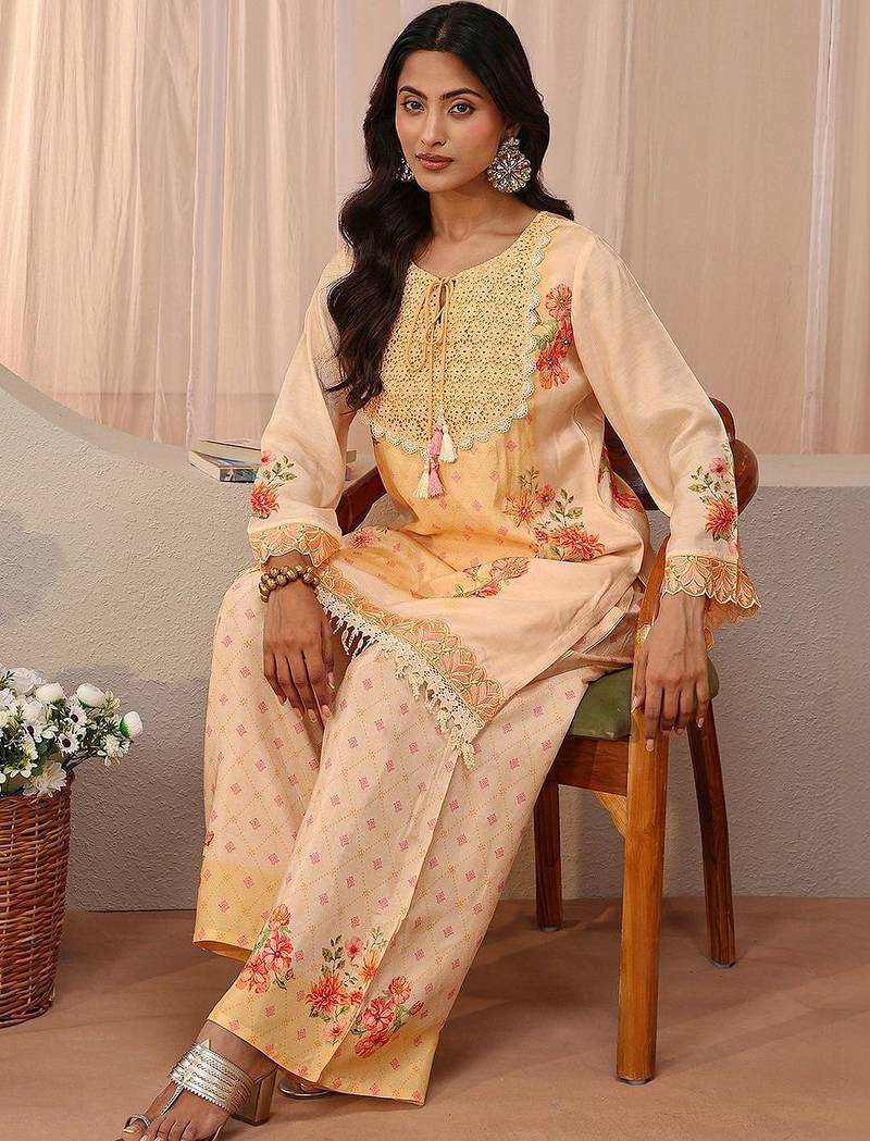 peach floral printed straight kurta set