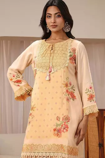 peach floral printed straight kurta set