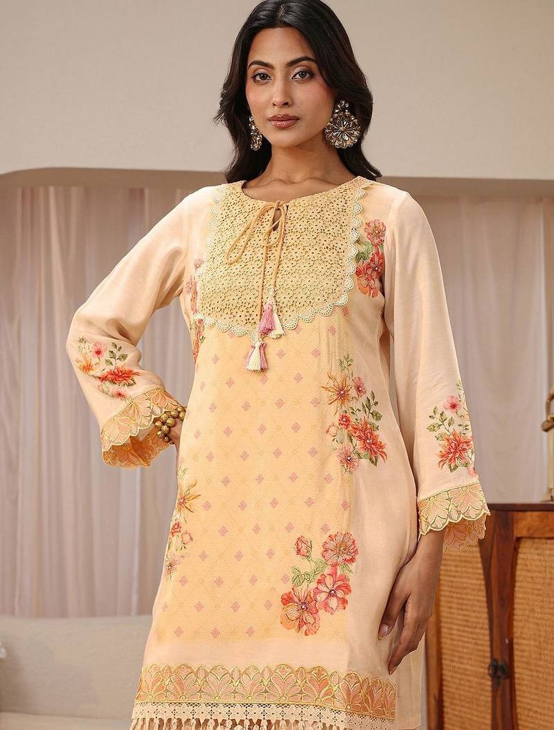 peach floral printed straight kurta set