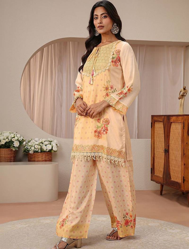 peach floral printed straight kurta set