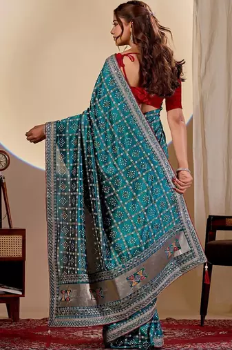 Teal bandhani zari silk blend designer saree
