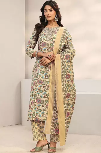 women floral printed regular thread work kurta with trousers & with dupatta