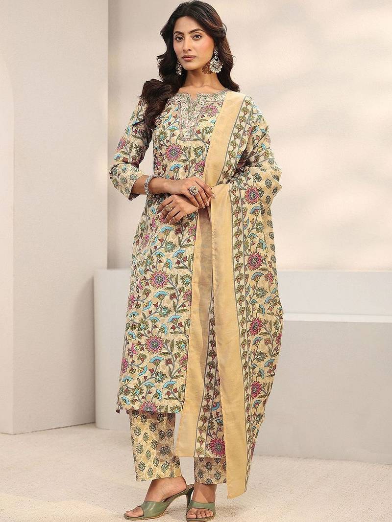 women floral printed regular thread work kurta with trousers & with dupatta