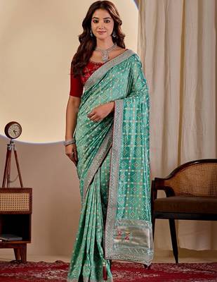Teal bandhani embroidered silk blend designer saree 1