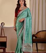 Teal bandhani embroidered silk blend designer saree