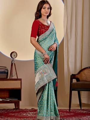 Teal bandhani embroidered silk blend designer saree 3