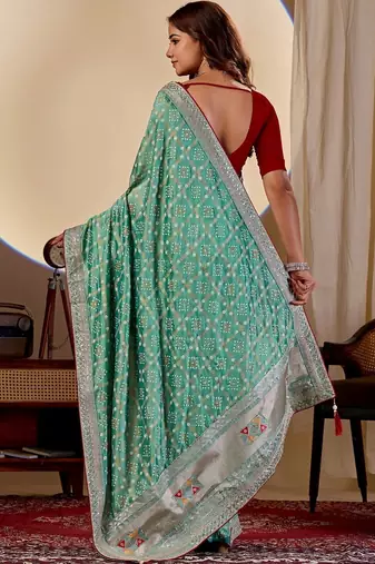 Teal bandhani embroidered silk blend designer saree