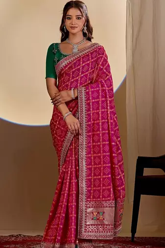 Pink bandhani embroidered silk blend designer saree