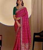Pink bandhani embroidered silk blend designer saree