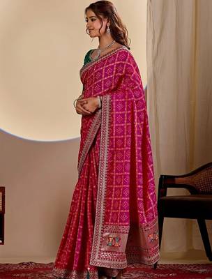 Pink bandhani embroidered silk blend designer saree 2