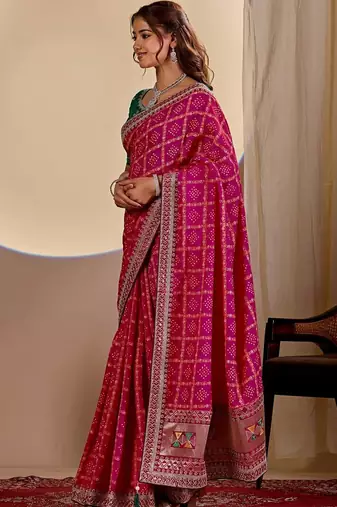 Pink bandhani embroidered silk blend designer saree