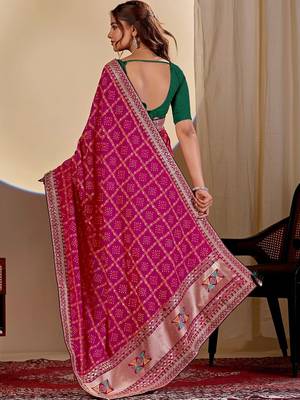Pink bandhani embroidered silk blend designer saree 3