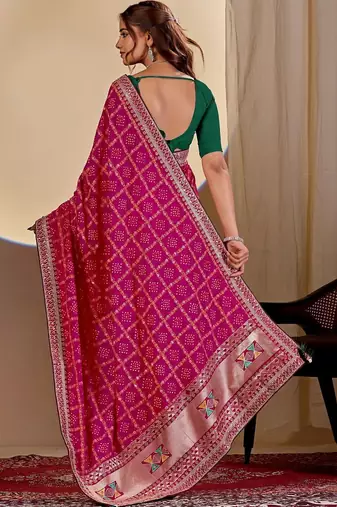 Pink bandhani embroidered silk blend designer saree