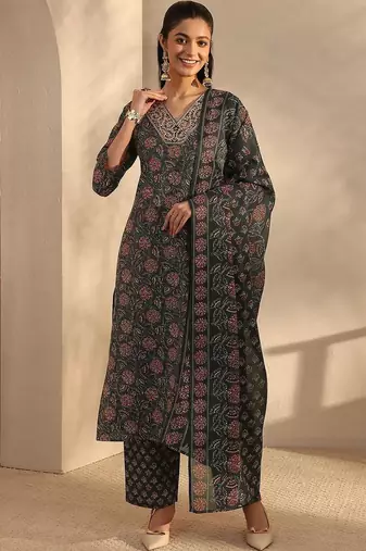 women floral printed regular thread work kurta with trousers & with dupatta