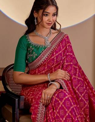 Pink bandhani embroidered silk blend designer saree 4