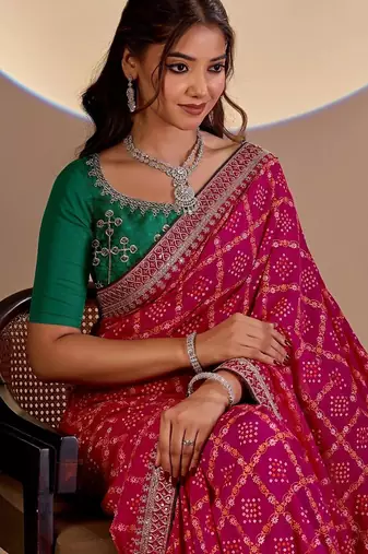 Pink bandhani embroidered silk blend designer saree