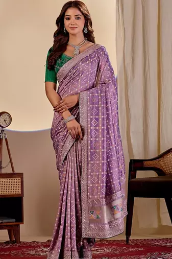 Purple bandhani zari silk blend designer saree