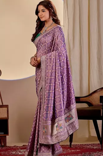 Purple bandhani zari silk blend designer saree