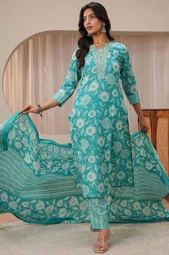 libas blue floral printed straight suit set