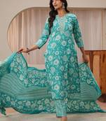 libas blue floral printed straight suit set