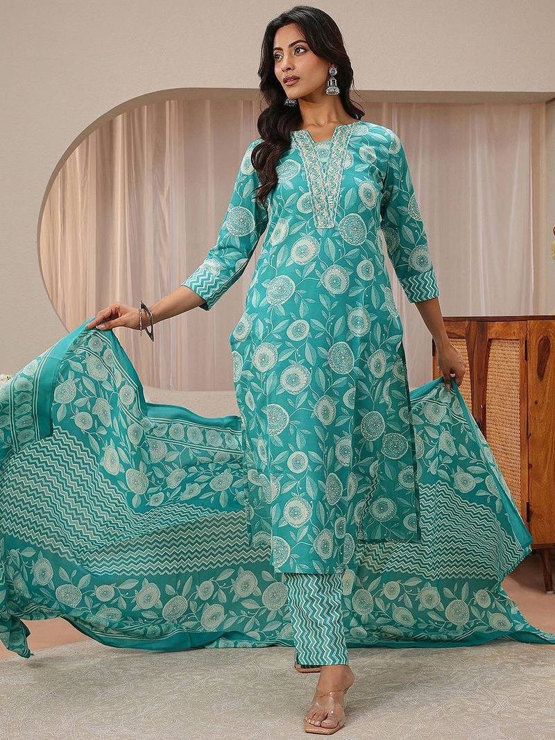 libas blue floral printed straight suit set