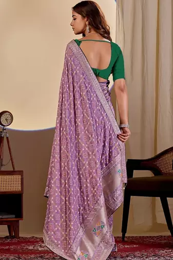 Purple bandhani zari silk blend designer saree