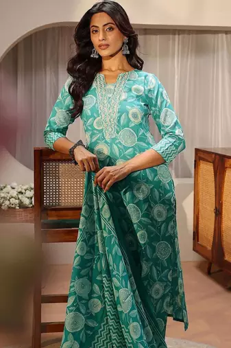 libas blue floral printed straight suit set