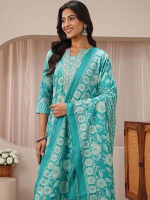 libas blue floral printed straight suit set 4