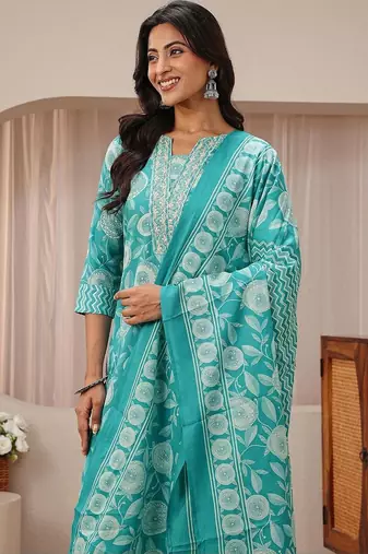 libas blue floral printed straight suit set