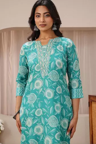 libas blue floral printed straight suit set
