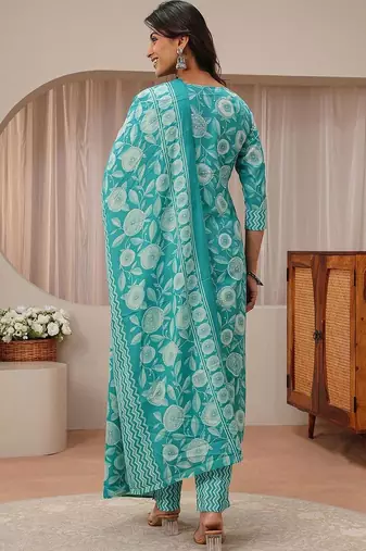 libas blue floral printed straight suit set