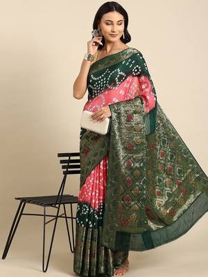 Pink pink & green bandhani printed zari saree 1