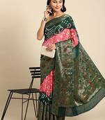 Pink pink & green bandhani printed zari saree