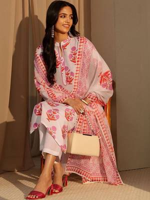 white floral printed straight cotton blend suit set 1