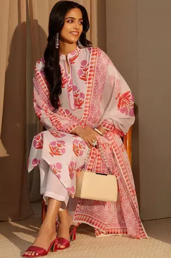 white floral printed straight cotton blend suit set