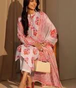 white floral printed straight cotton blend suit set