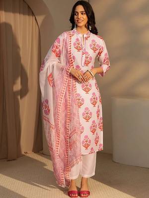 white floral printed straight cotton blend suit set 2