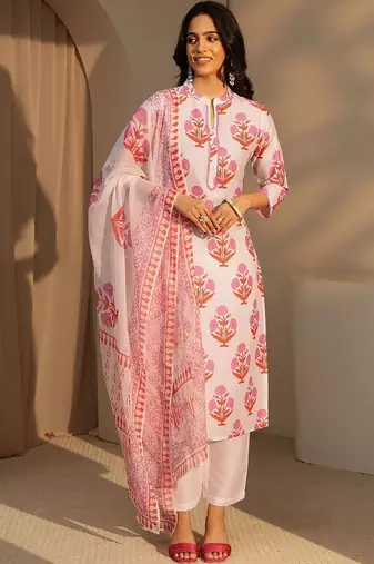white floral printed straight cotton blend suit set