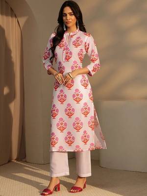 white floral printed straight cotton blend suit set 3