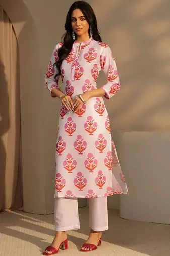 white floral printed straight cotton blend suit set