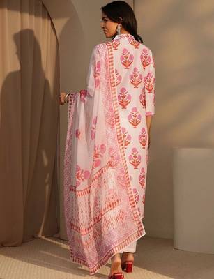 white floral printed straight cotton blend suit set 4