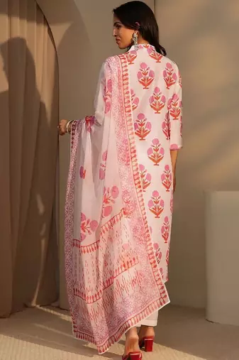 white floral printed straight cotton blend suit set