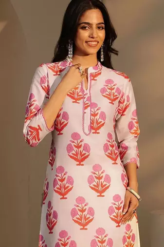 white floral printed straight cotton blend suit set