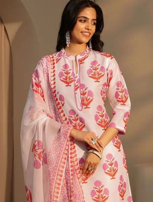 white floral printed straight cotton blend suit set 7