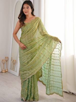Lime light green satin ethnic embellished party wear matching blouse sarees 1