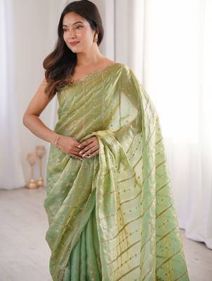 Lime light green satin ethnic embellished party wear matching blouse sarees 4