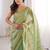 Lime light green satin ethnic embellished party wear matching blouse sarees