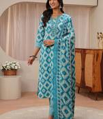 libas blue geometric printed straight suit set