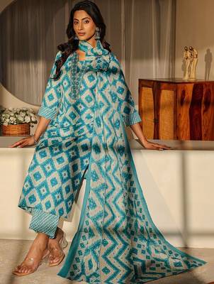libas blue geometric printed straight suit set 2
