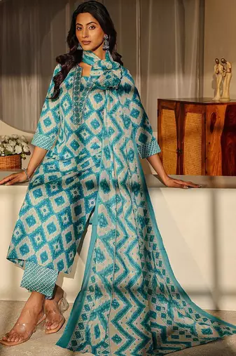 libas blue geometric printed straight suit set